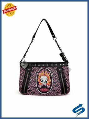 Skull Flame Graphic Shoulder Handbag with Chain Strap Y2K Baguette Style